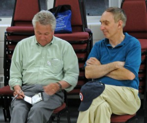 Prospect Mayor Robert Chatfield, left, and Town Council member Stanley Pilat discuss voting figures Monday night at the firehouse. The budget failed at a referendum by seven votes with 449 voting against and 442 voting for it.  – LUKE MARSHALL