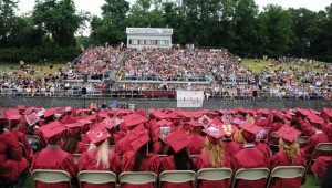 The Naugatuck High School Class of 2012 sits on the football field at the school during graduation last June. This year’s graduation ceremony for the Class of 2013 has been moved to the Palace Theater in Waterbury due to ongoing construction at the school. –FILE PHOTO 