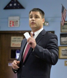 Naugatuck Mayor Robert Mezzo addresses the Democratic Town Committee after receiving the endorsement to run for a third term Thursday night at the American Legion hall. –ELIO GUGLIOTTI 
