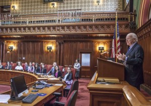 State Sen. Joseph J. Crisco, Jr. (D-17), chair of the General Assembly’s Internship Committee, welcomes new legislative interns last month as they begin their orientation program in the state Senate chamber. -CONTRIBUTED