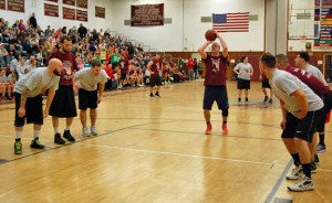Naugatuck High graduate Keith Rado takes a free throw for the Old School Jan. 4 during the first Josh Ruccio Scholarship basketball game at the high school. –KEN MORSE