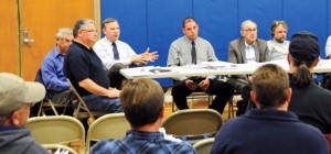 Members of the Board of Finance and Board of Selectmen discuss the proposed 2014-15 municipal budget with residents during a public hearing April 29 at Laurel Ledge School in Beacon Falls. The budget is scheduled to be voted on May 8. –LUKE MARSHALL 