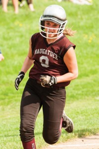 Naugatuck’s Erica Andreoli heads home to score a run against Holy Cross. Naugatuck defeated the Crusaders, 6-3, in the NVL softball quarterfinals Tuesday in Waterbury. –RA ARCHIVE