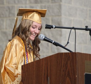 Woodland Regional High School Class of 2014 Valedictorian Alexa Kiernan gives her valedictorian address during graduation June 20 at the school in Beacon Falls. –ELIO GUGLIOTTI