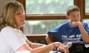 Seen in this picture from 2005, Madeline Nolan of Naugatuck discusses lymphangioleiomyomatosis, or LAM, a progressive lung disease, with her son, then 14, Ryker at her side. Nolan, who was diagnosed with the disease in 1999, and her family have been hosting a fundraiser nearly every year for the LAM Foundation for more than a decade. –RA ARCHIVE  