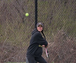 Woodland’s Daphne Cianciolo lines up a backhand April 24 versus St. Paul in Beacon Falls. Woodland fell to St. Paul, 6-1. –ELIO GUGLIOTTI 