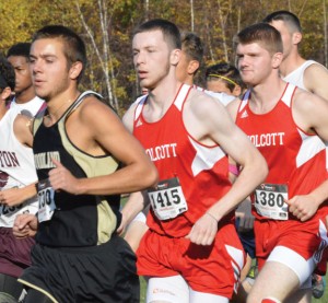 Woodland's Brian Sardinskas looks to separate from the pack at the start of the NVL cross country championship Oct. 21 at Veterans Park in Watertown. The Woodland boys finished second. –KEN MORSE 